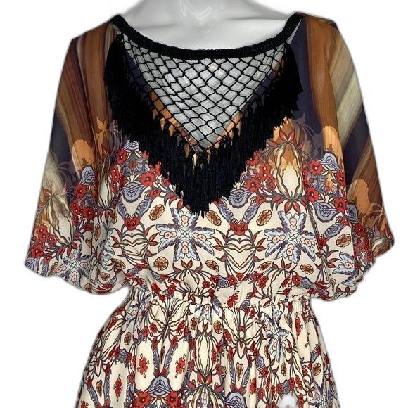 BEBE Dress Multi Coral Yellow Red Brown Black Mesh Tassels Mini Size XS EUC! - Picture 2 of 14